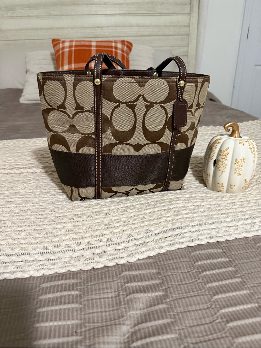 Coach Brown Signature Canvas Tote with Dark Brown Leather Trim